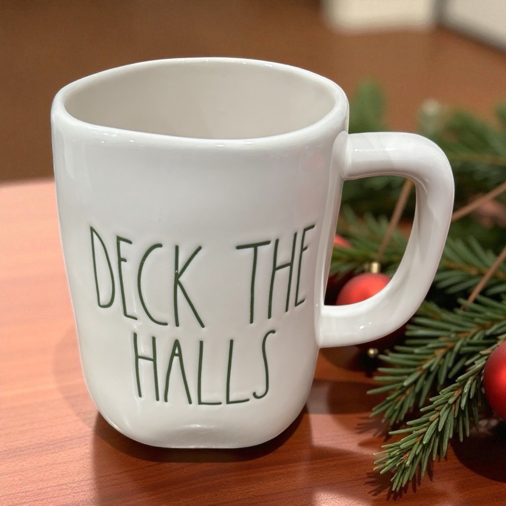NEW RAE DUNN Ceramic DECK THE HALLS Large Mug Christmas Holiday White Green